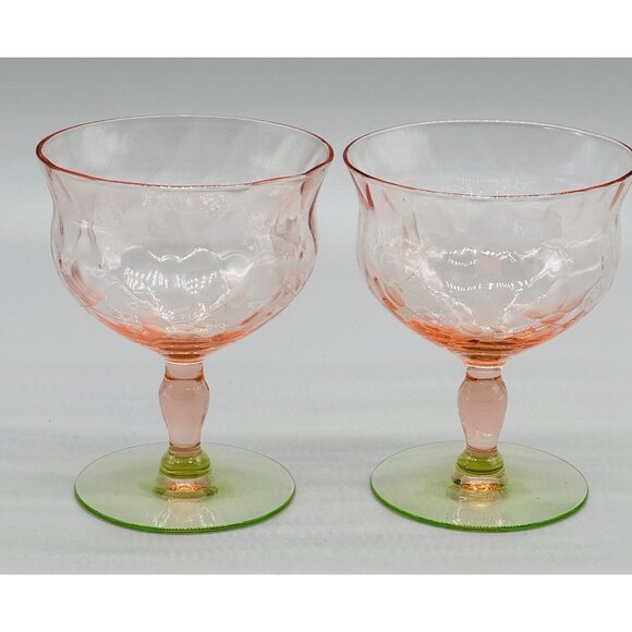 Weston Watermelon Champagne Dessert Coupe Glasses Uranium Base Etched Lot of 2 - Picture 1 of 9